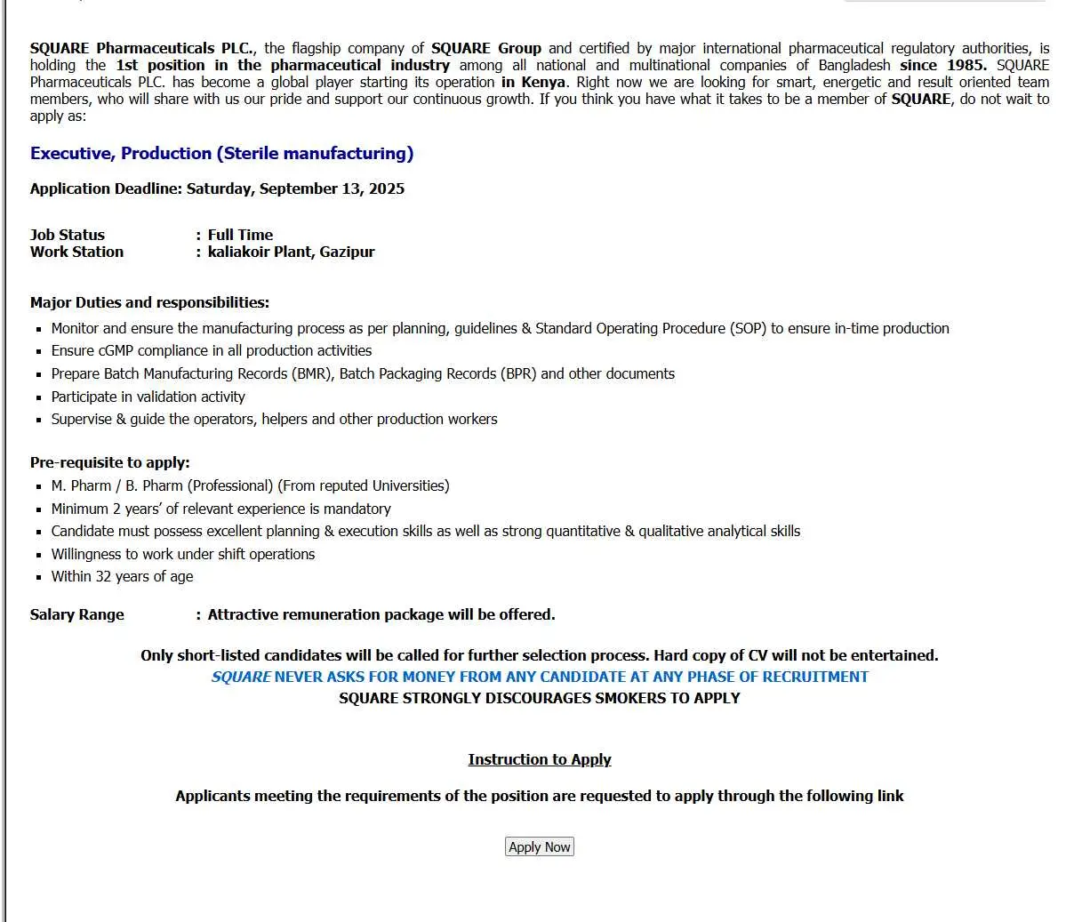 Square Pharmaceuticals PLC Job Circular 2025 image