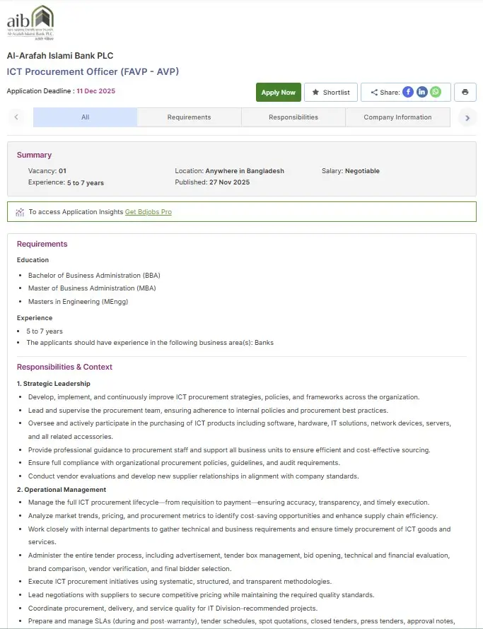 Al-Arafah Islami Bank PLC Job Circular 2025 Image