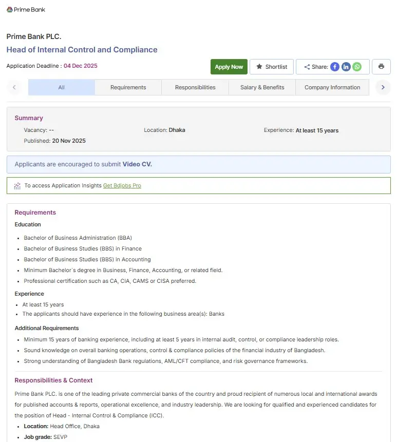 Prime Bank Job Circular 2025 Image